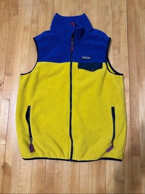 Patagonia Colorblock Fleece Vest in Blue & Yellow, Navy Trim | M